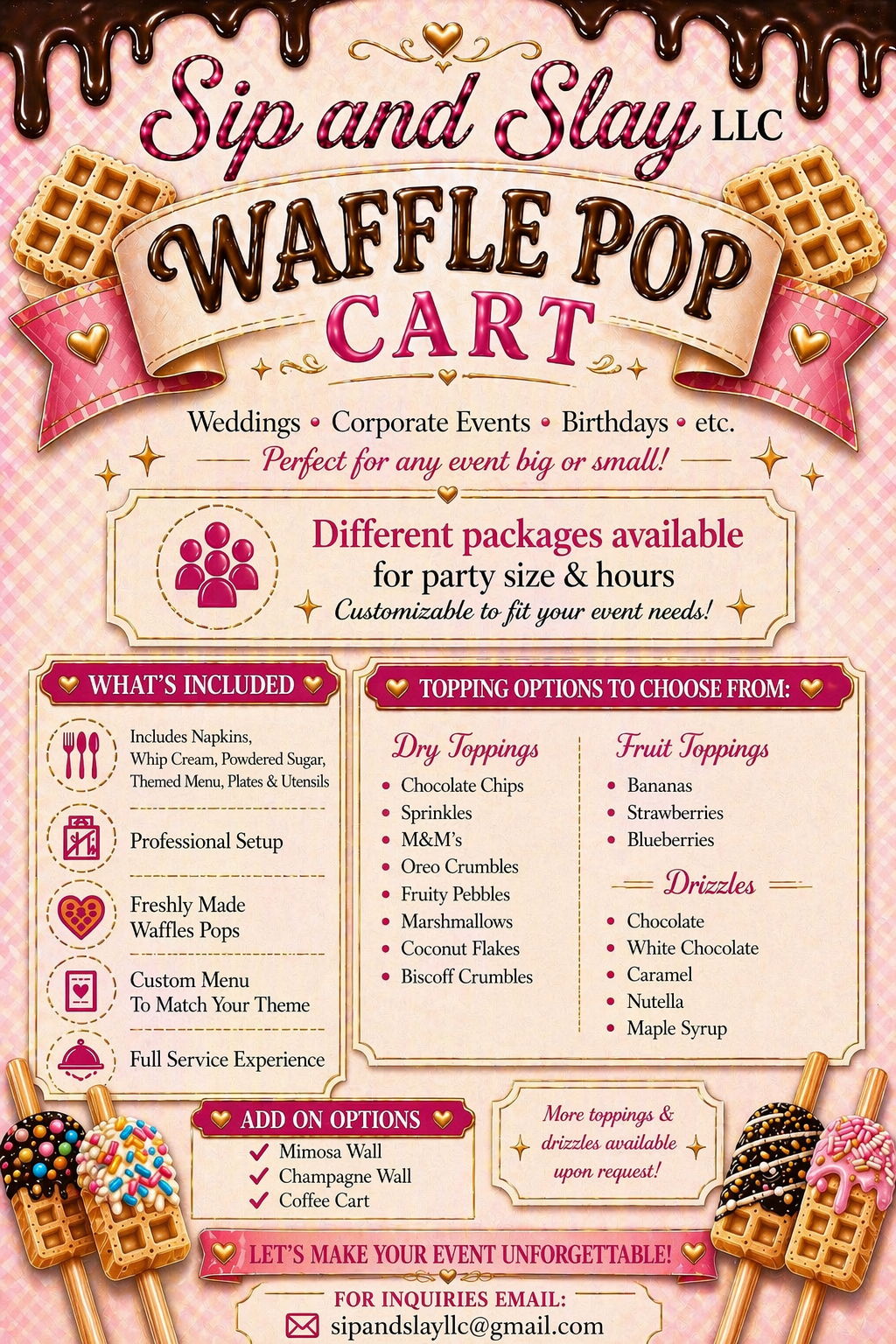 Waffle Pop Cart — freshly made waffle pops, toppings, drizzles, and add-ons